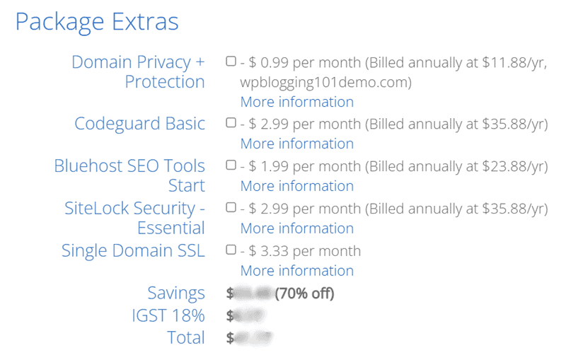 bluehost extras