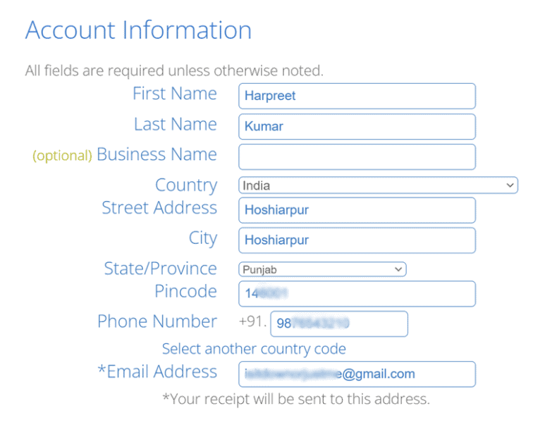 bluehost india account infomation