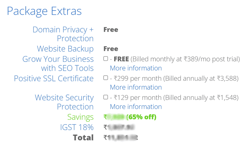 bluehost india domain extras