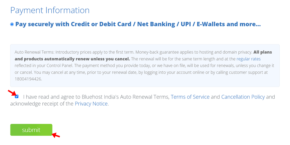 bluehost india payment methods
