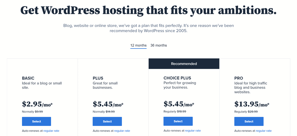 bluehost wordpress hosting plans