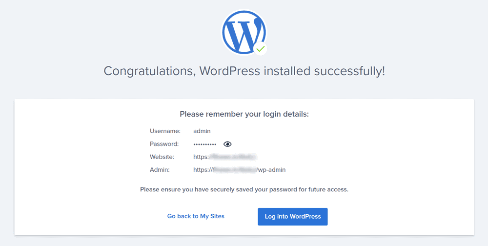 bluehost wordpress installation success massage