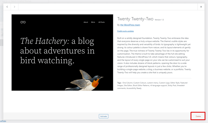 delete wordpress theme