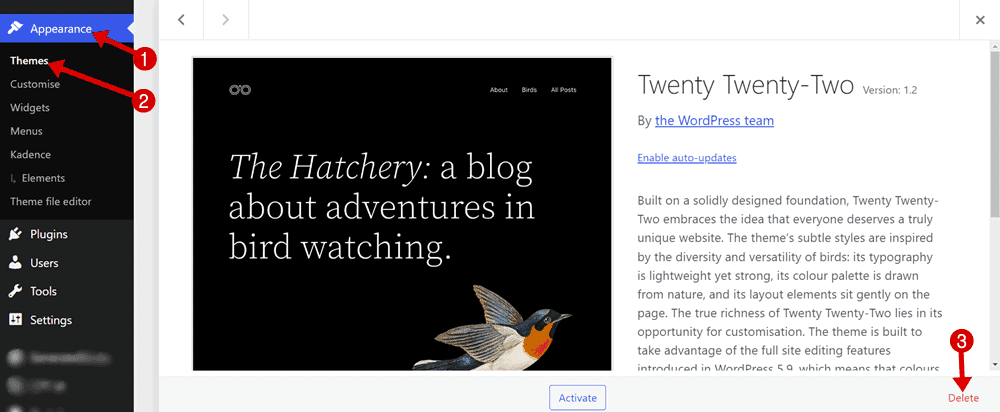 delete wordpress theme