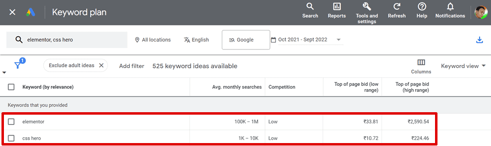 elementor vs css hero google keyword planner