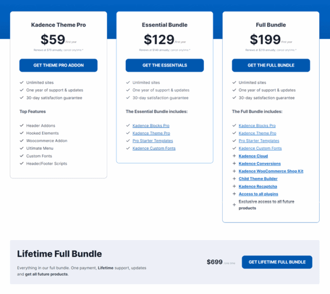 kadence theme pricing