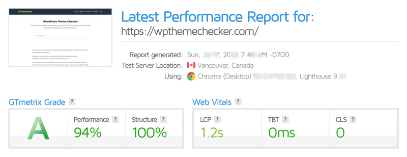 kadence theme speed test on gtmetrix