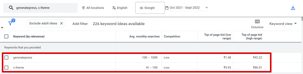 kadence wp vs x theme google keyword planner