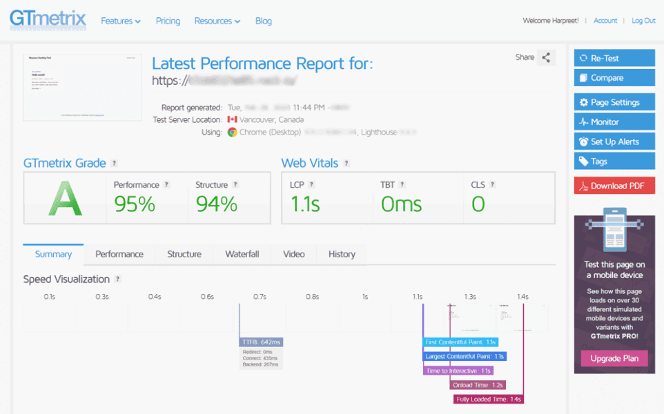 nexcess hosting speed test gtmetrix