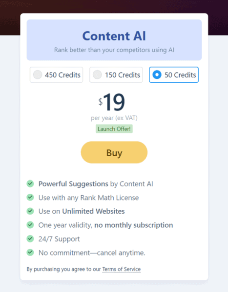 rank math content ai pricing