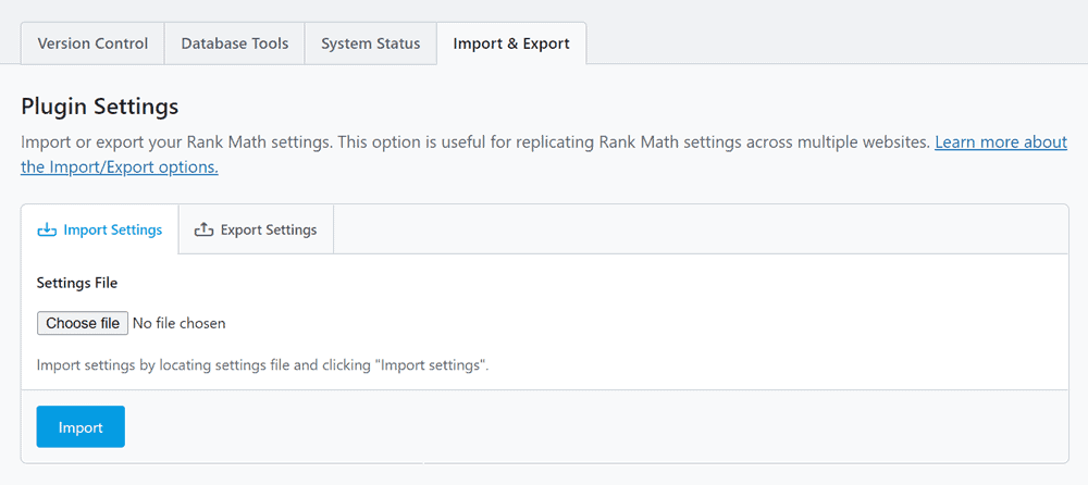 rank math import export settings