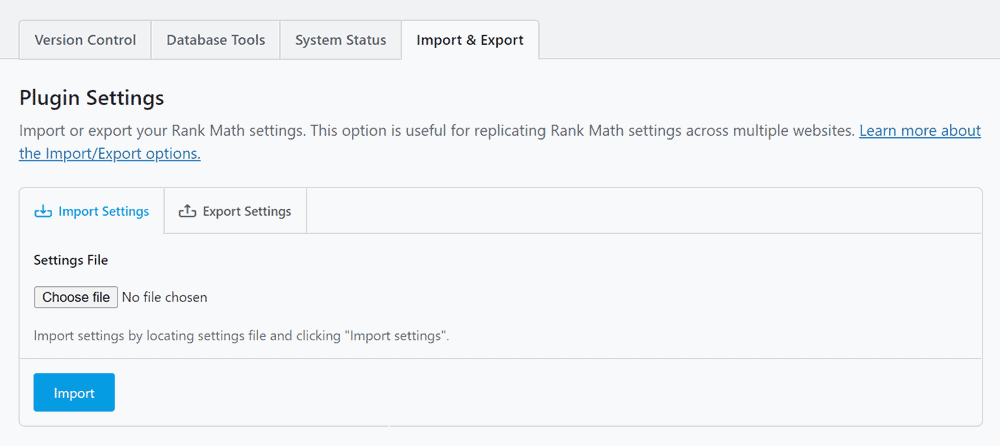 rank math import export settings