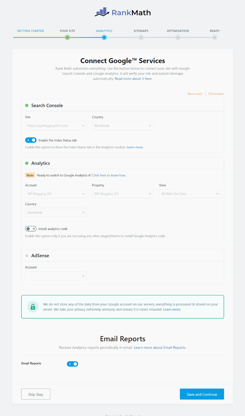 rank math setup wizard analytics