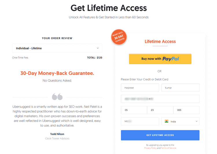 ubersuggest lifetime access